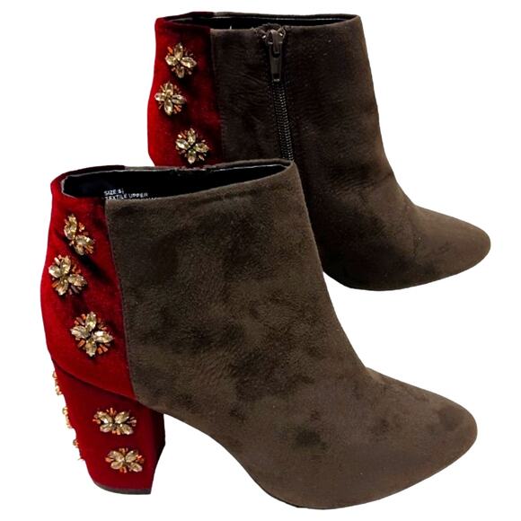 Faryl Roen Ankle Boots Sz 8.5 Maroon Colorblock Jeweled Cowgirl Boho Patchwork - Picture 1 of 16